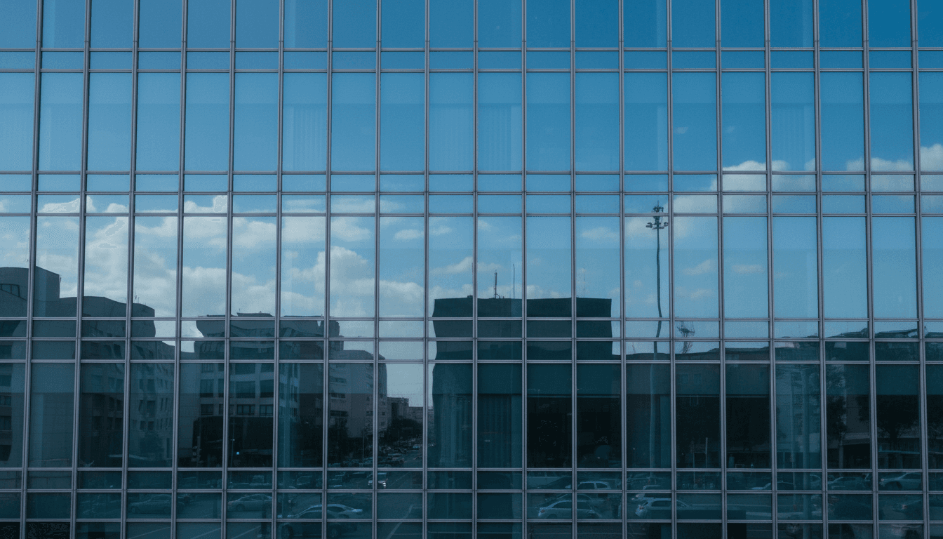 Close-up of a modern glass curtain wall facade on a high-rise commercial building