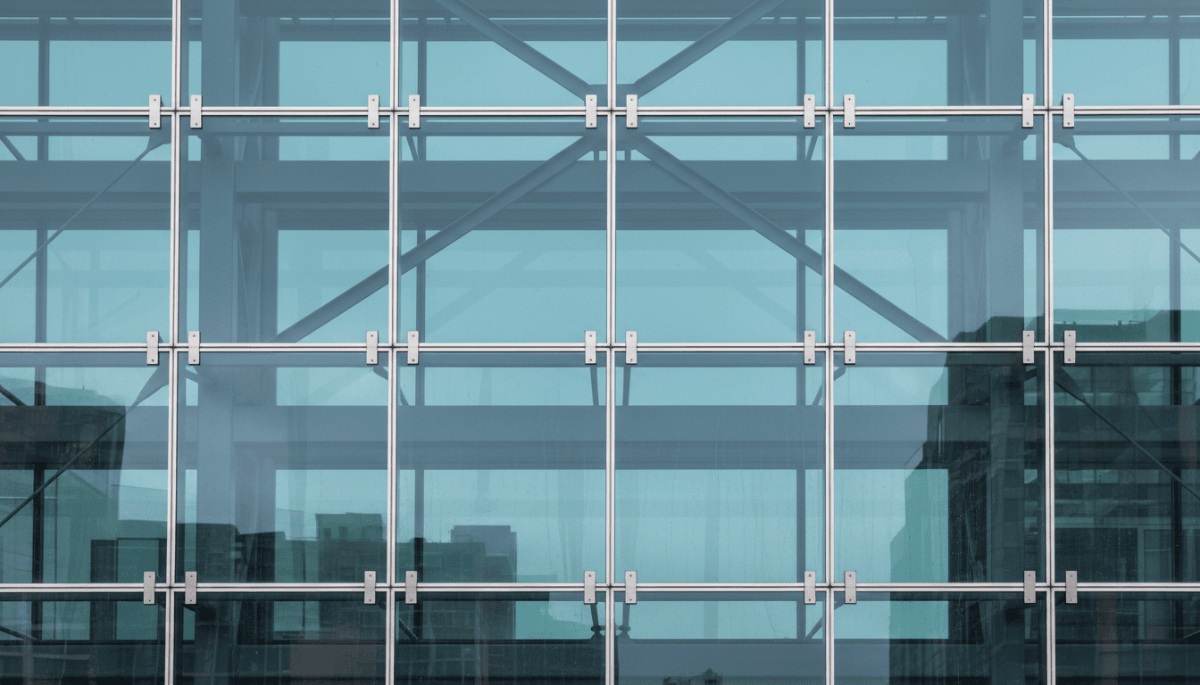 Close-up view of structural glass panels and steel framing on a building