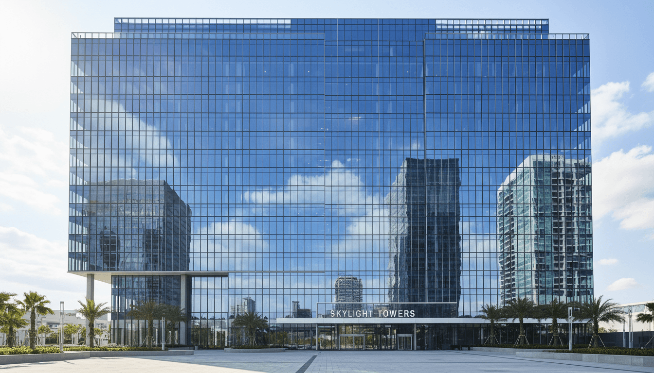 Modern high-rise building with a glass curtain wall facade