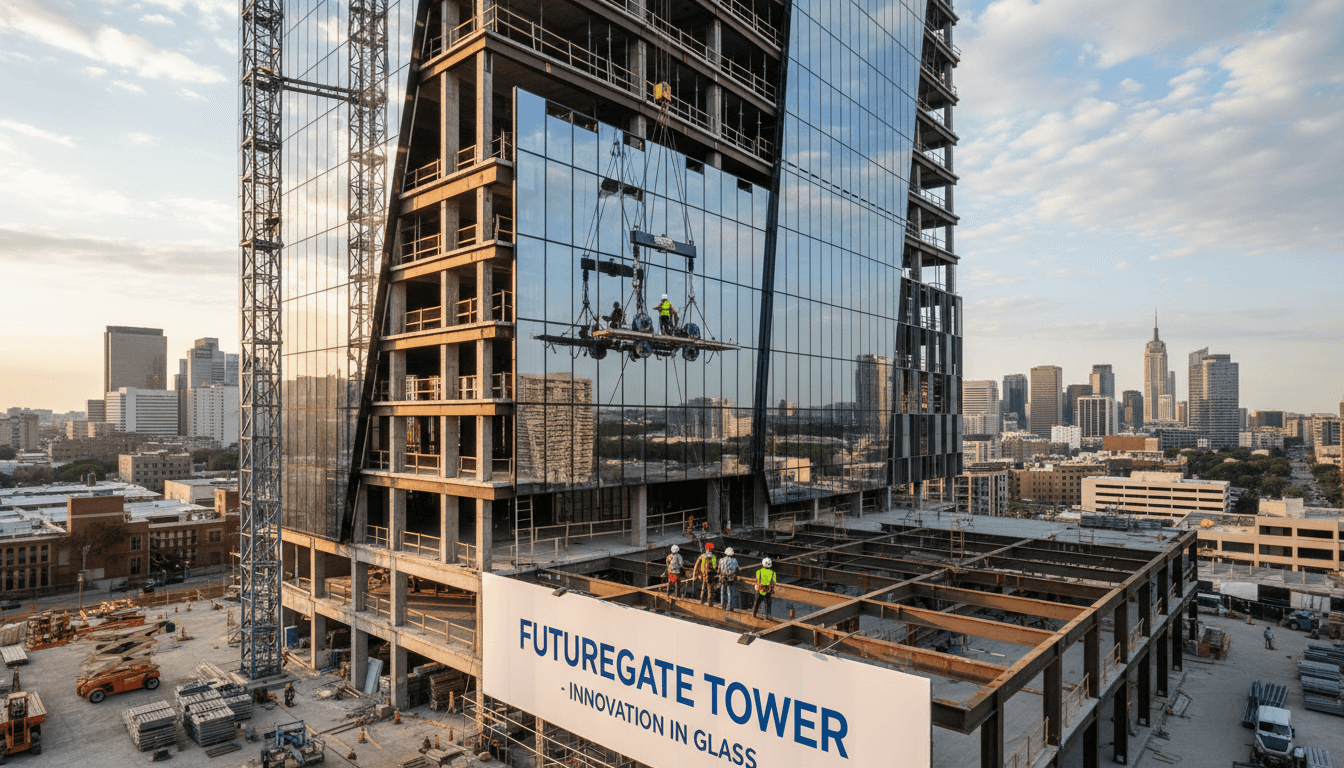 Installation team fitting a large glass panel on a modern building facade