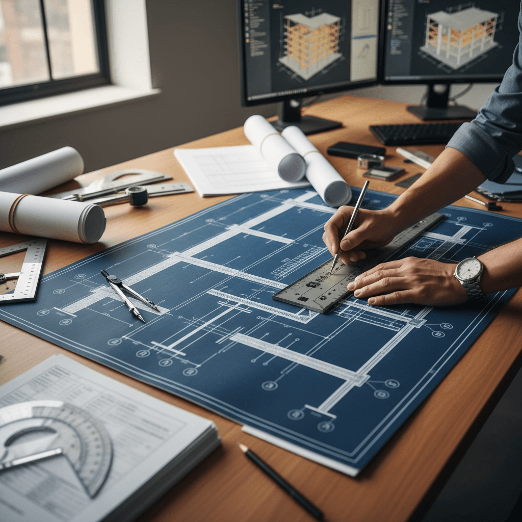 Architectural blueprint of a glass facade with detailed engineering notes
