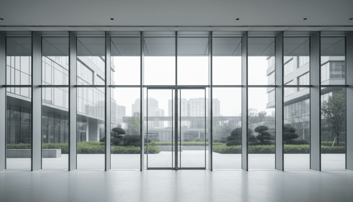 Finished glass storefront entrance with visible structural mullions
