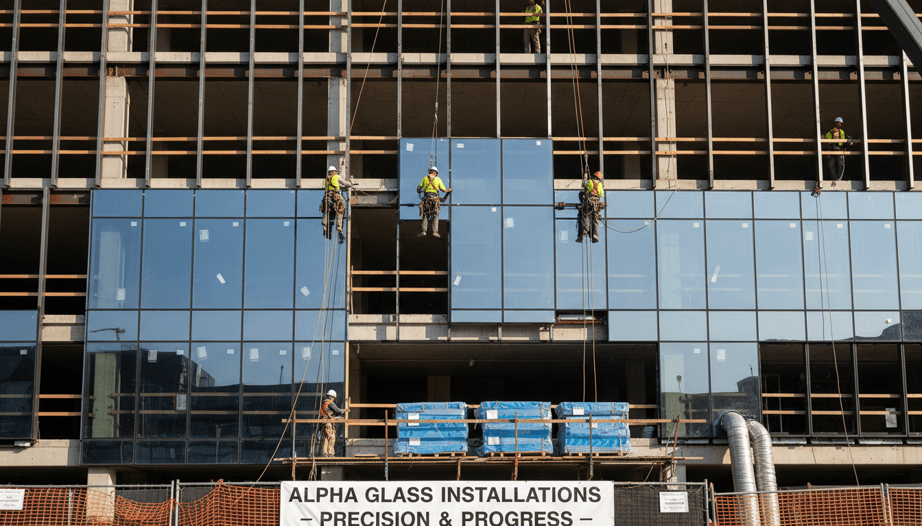 Crane lifting a prefabricated glass unit onto an upper floor of a high-rise