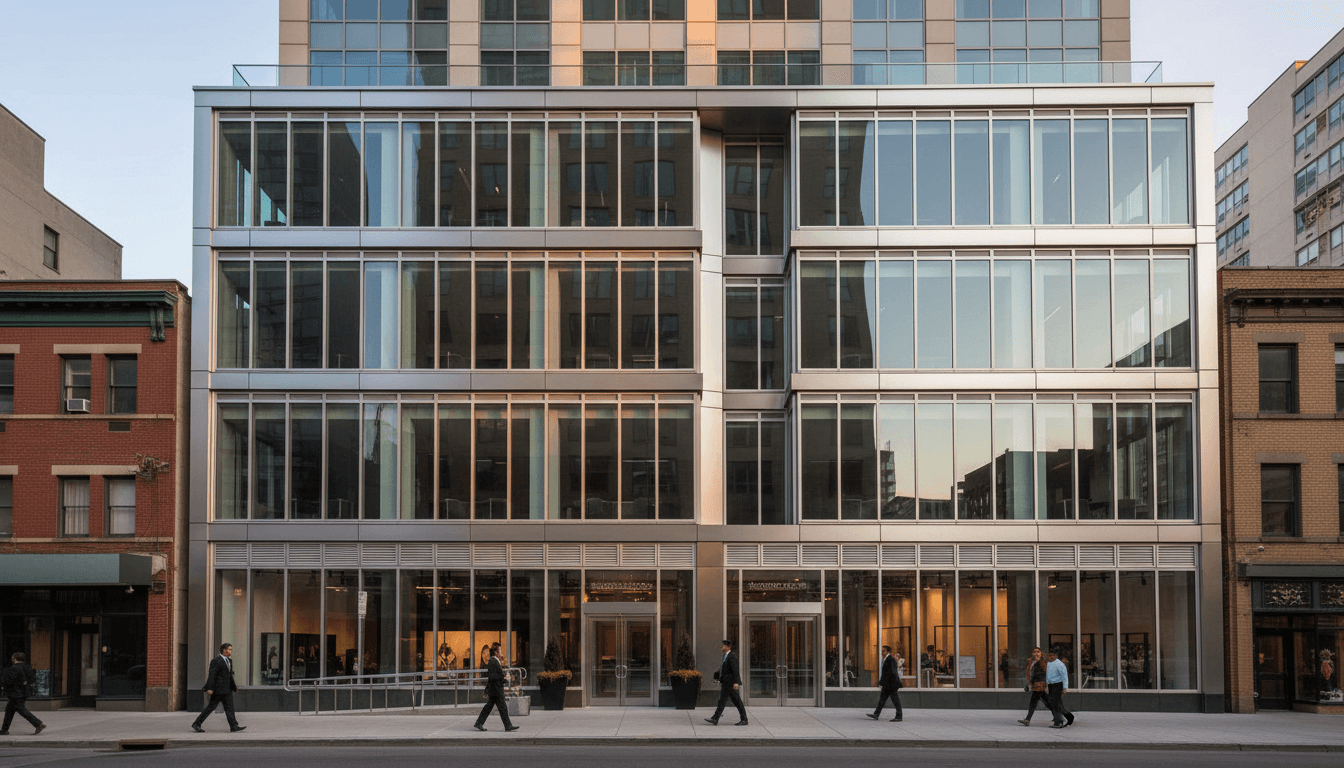 Modern glass curtain wall facade on a commercial high-rise building