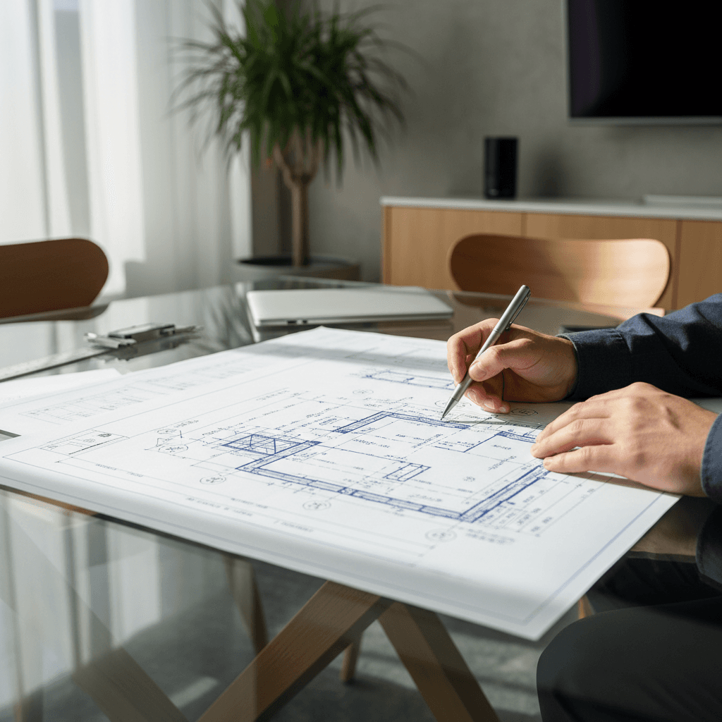 Engineers reviewing blueprints at a construction site