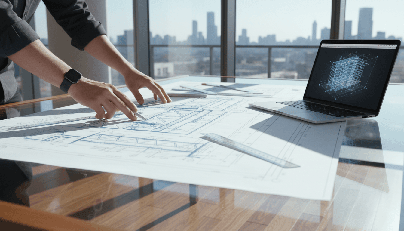 Engineer reviewing blueprints and glass panel drawings on a desk