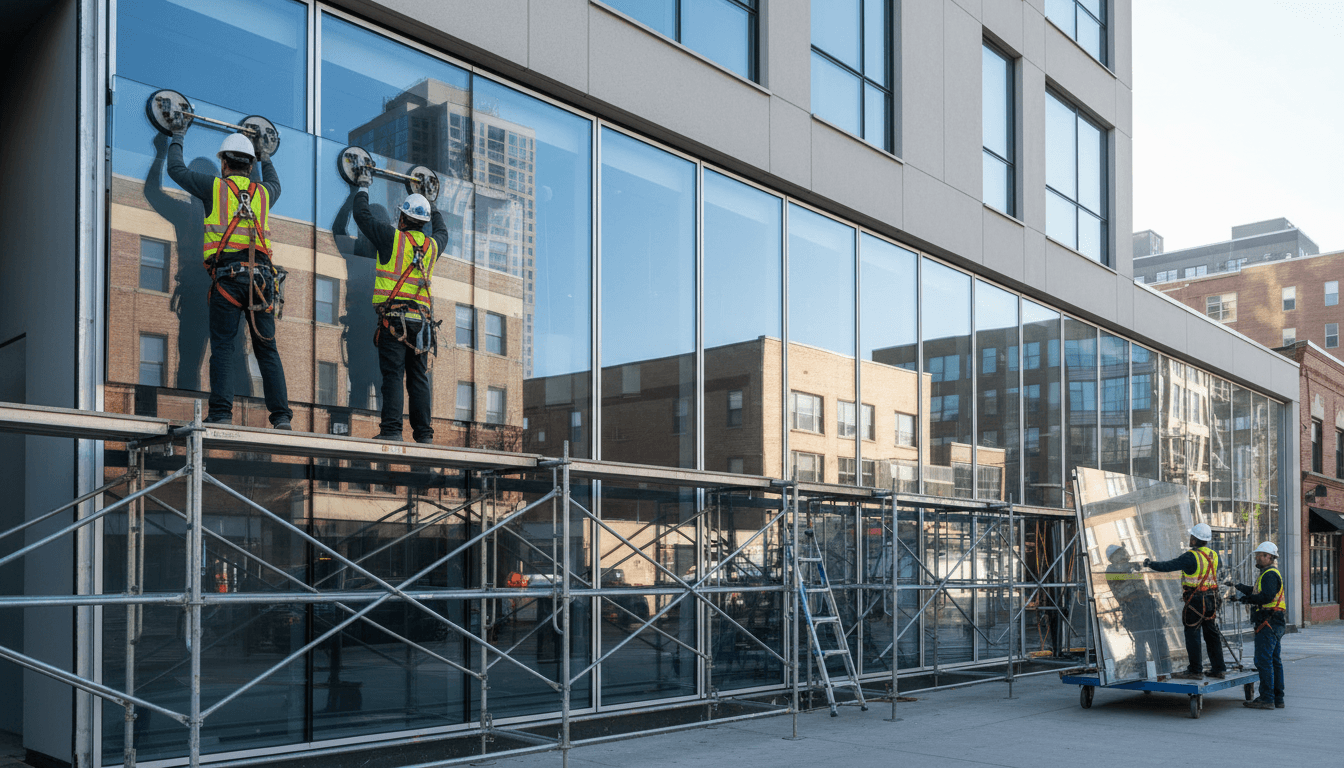 Professional installers fitting glass curtain wall panel on a high-rise building