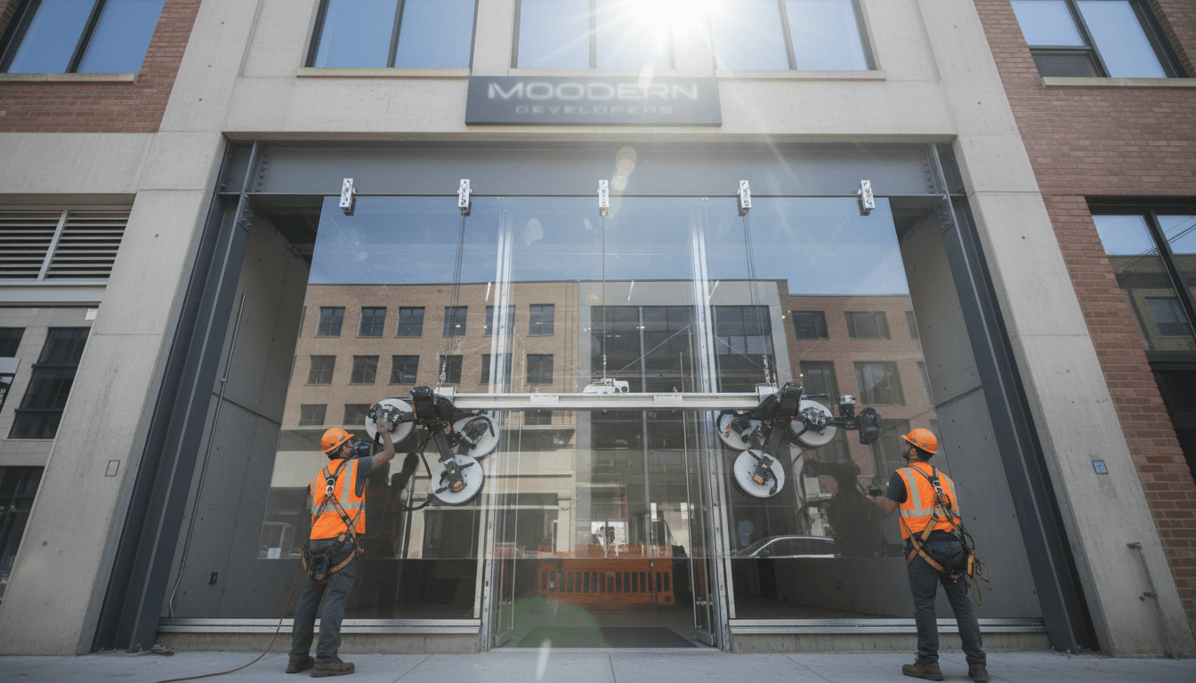 Installation team positioning a large glass panel on a commercial storefront