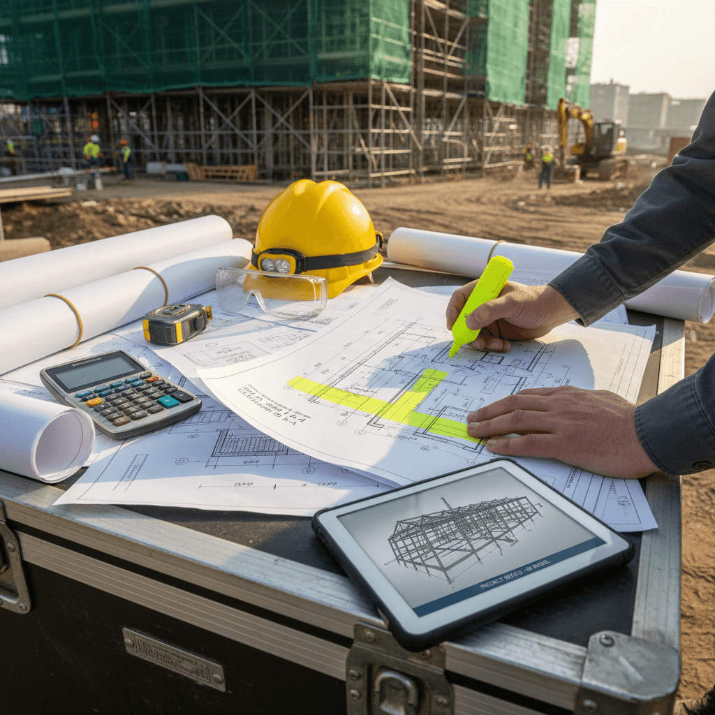 Construction manager with hard hat reviewing plans at a commercial construction site