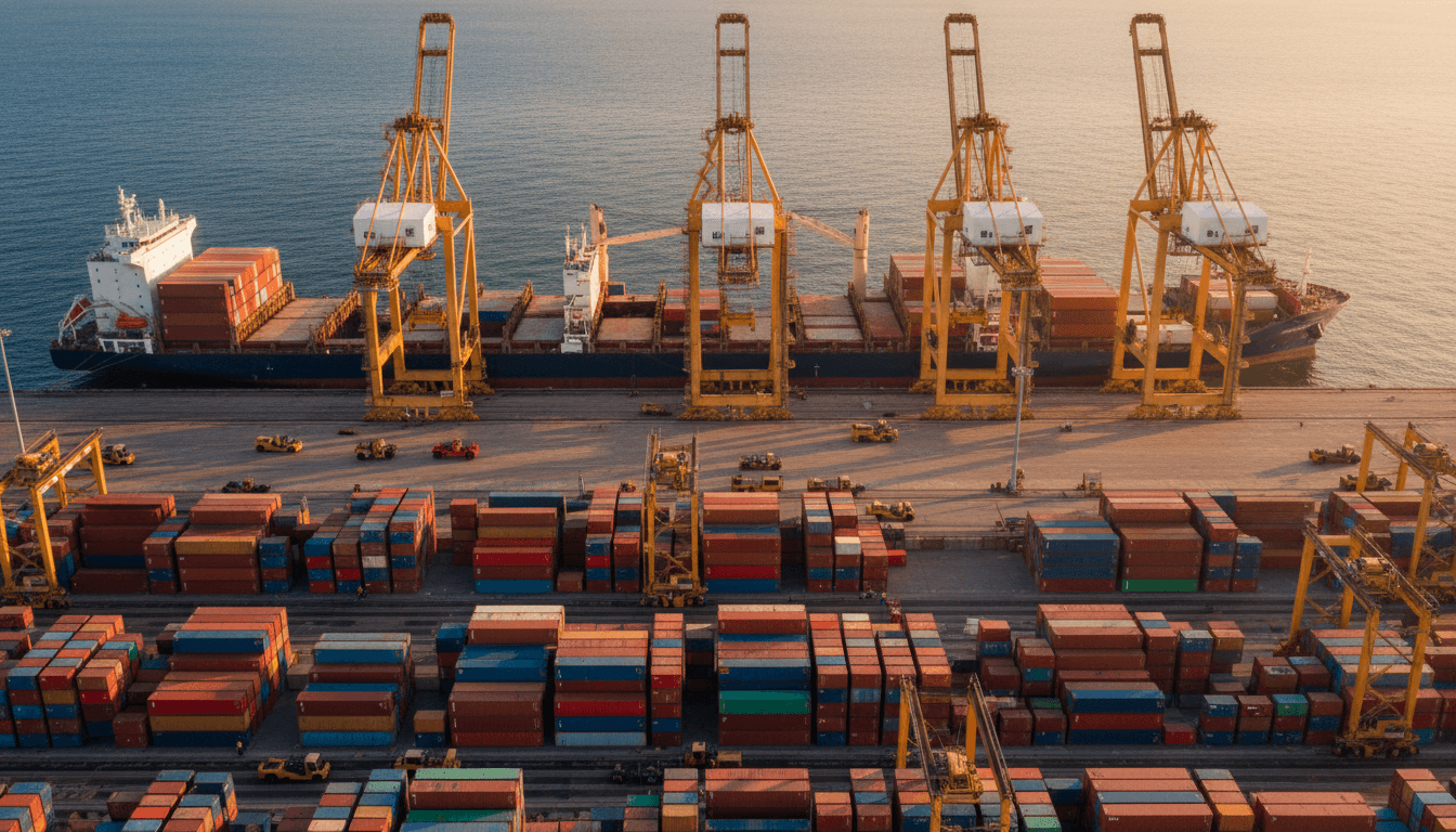 Cargo ship and shipping containers at a port