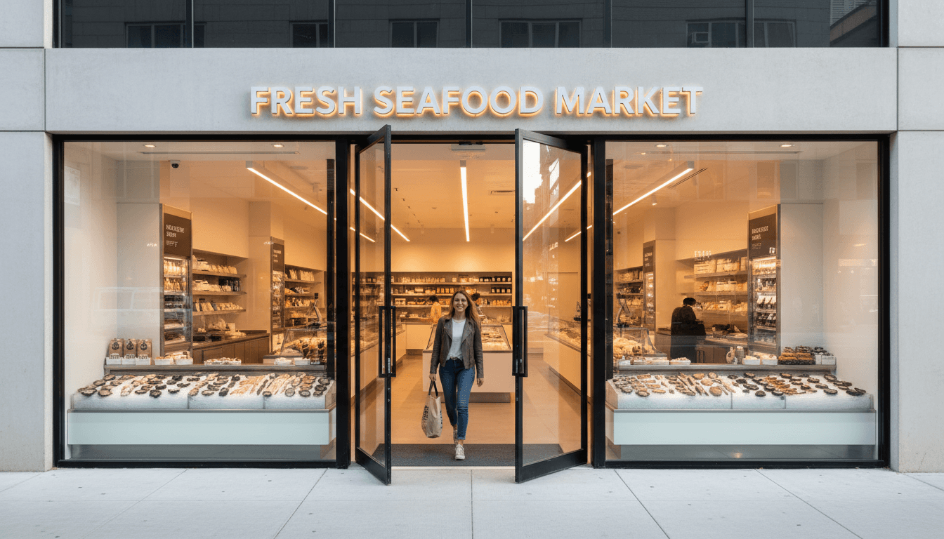 Modern retail storefront with floor-to-ceiling glass entrance and steel frame