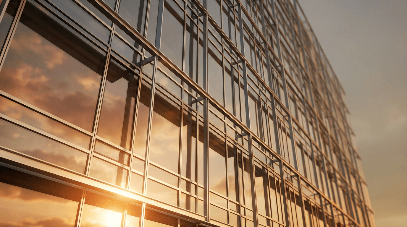 Glass facade detail reflecting afternoon light