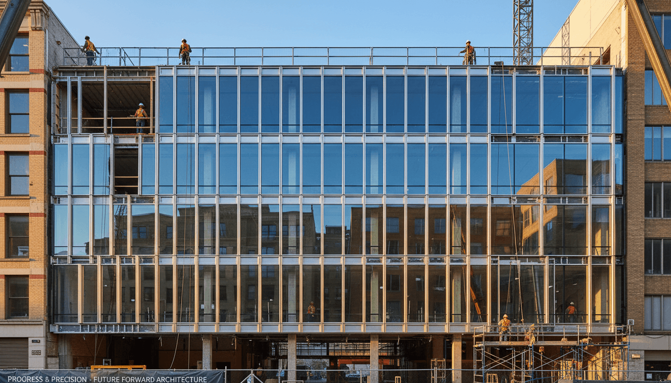 Workers installing glass curtain wall on a building